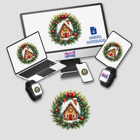 Gingerbread House in a Christmas Wreath displayed on a computer monitor and laptop screen, available as unique stickers or digital artwork from Decal Venue.