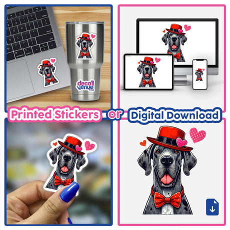 Great Dane Valentine Dog sticker collage featuring a dog in a hat and bow tie, suitable as stickers or digital artwork from Decal Venue, highlighting unique vinyl sticker designs.