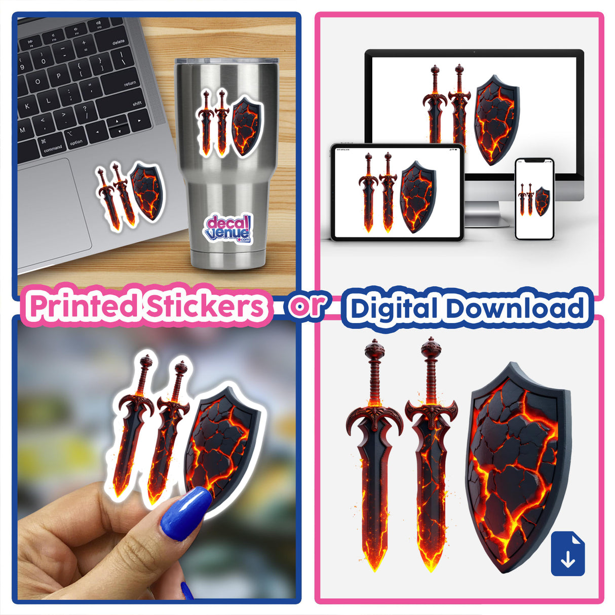 Molten Lava Sword and Shield collage featuring stickers and digital art, showcasing black and red designs with fiery lava elements, ideal for laptops or decor from Decal Venue.