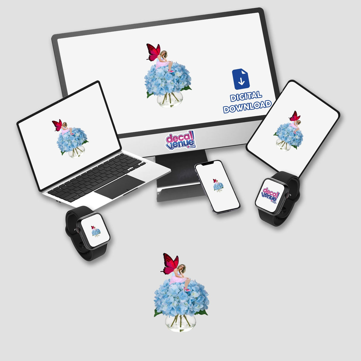 Delicate blue hydrangea flowers with vibrant red butterflies, available as digital stickers or downloads from Decal Venue's online store.