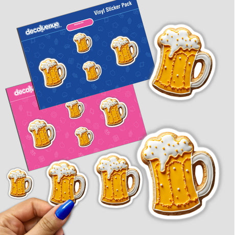 Hand holding sticker pack featuring Beer Mug Shaped Cookie with White Foam and Golden Icing, available as stickers or digital artwork.