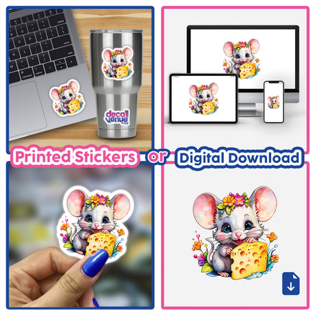 Collage featuring the product Mouse Eating Cheese as stickers and digital artwork, including images of cartoon mice holding cheese and a mouse and cheese sticker on a laptop.