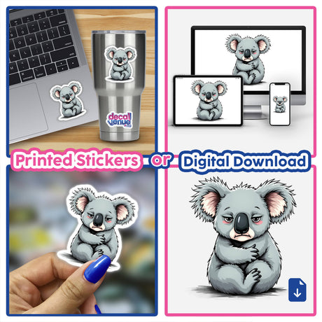 Sad Koala Cartoon Character depicted in various sticker and digital artwork forms, including a koala sitting on a blue bottle, close-ups on laptops, cups, and fingernails.