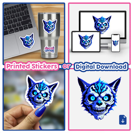 A Cool Undead Cat Skull sticker collage on a laptop, featuring a unique blue skull and cat design, reflecting Decal Venue's distinctive sticker and digital art offerings.