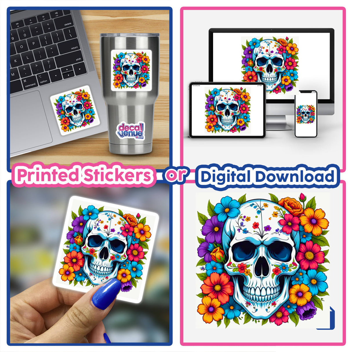 Collage featuring 'Pretty Skeletons' stickers, showcasing skulls adorned with flowers, placed on a laptop and handheld, highlighting Decal Venue's unique vinyl sticker and digital art offerings.