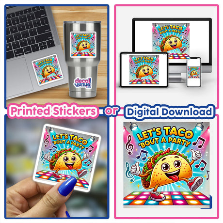 Dancing Taco - Let’s taco ‘bout a party: A playful sticker and digital artwork featuring a cartoon taco dancing, suitable for laptops, cups, and more. Perfect for adding fun to any surface.