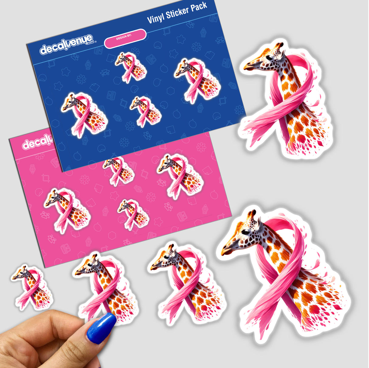 Giraffe Pink Ribbon Breast Cancer stickers featuring cute giraffes adorned with pink ribbons, available as both stickers and digital artwork.