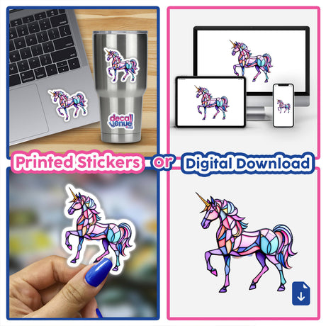 Unicorn Stained Glass Style collage featuring stickers and digital downloads, showcasing a unicorn on laptops, cups, and as digital artwork. Perfect for sticker enthusiasts and digital art collectors.