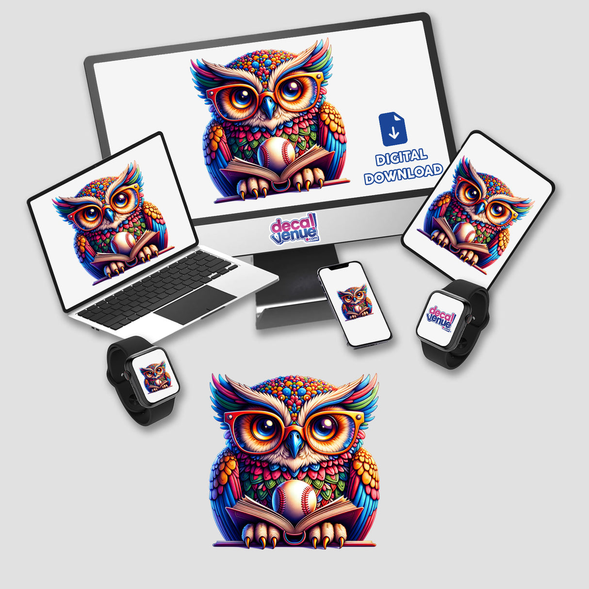 Owl in Reading Glasses with Open Book and Baseball on laptop and monitor screens, showcasing Decal Venue's whimsical sticker and digital art design, perfect for adding creativity and personality.