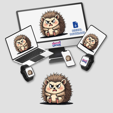 Cute Angry Hedgehog Cartoon displayed on a laptop screen, available as stickers or digital artwork from Decal Venue.