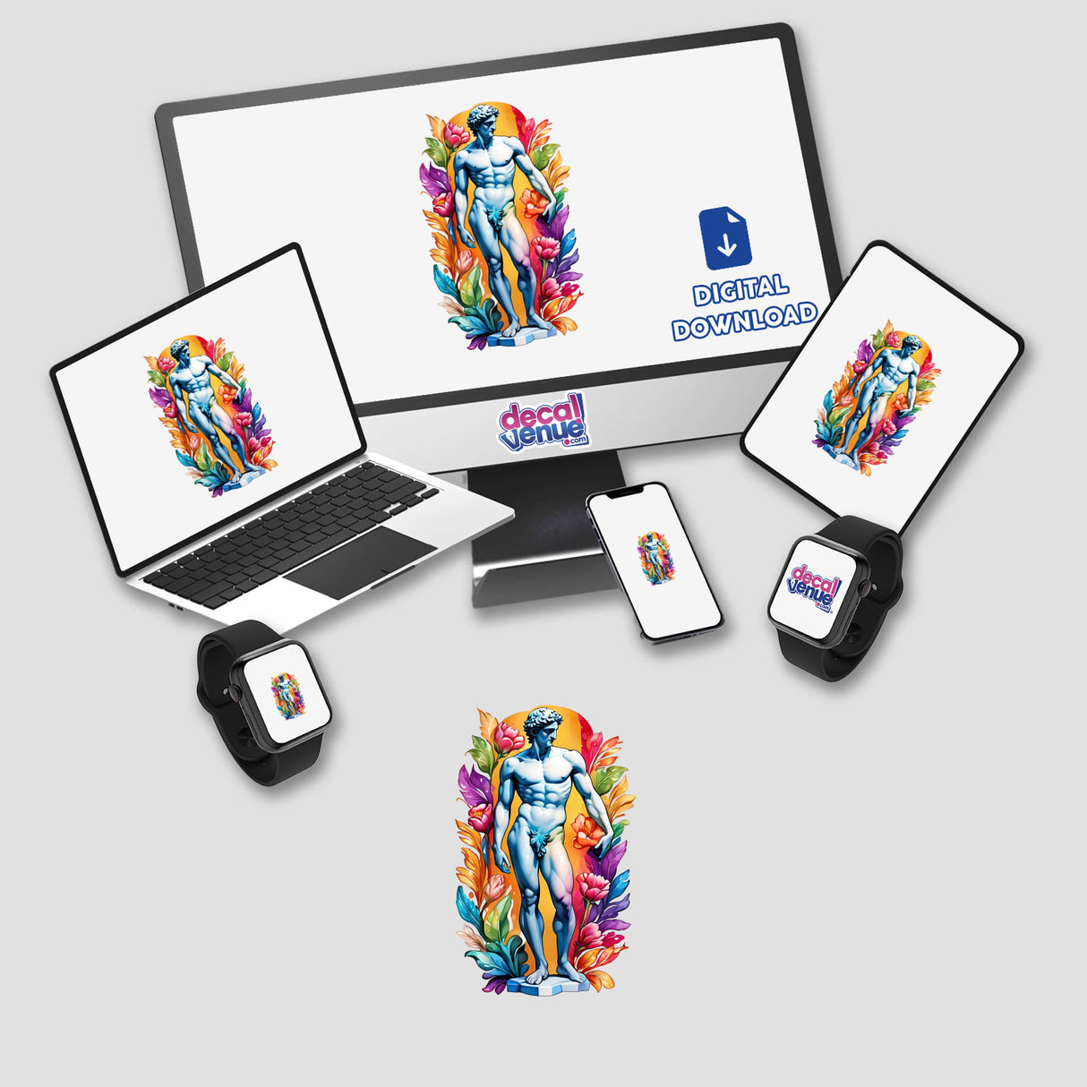 Sticker Design: Majestic Greek God Marble Statue with Rainbow Floral Splash displayed on a computer monitor and laptop screen.