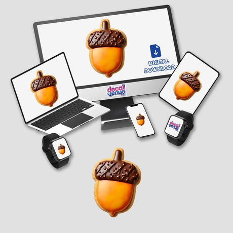 Acorn Shaped Cookie with Brown Cap and Golden Base displayed on a laptop and computer monitor, available as stickers or digital artwork from Decal Venue.