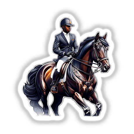 Stylized image of a professional equestrian rider on a majestic dark horse, dressed in formal equestrian attire of a suit and helmet.