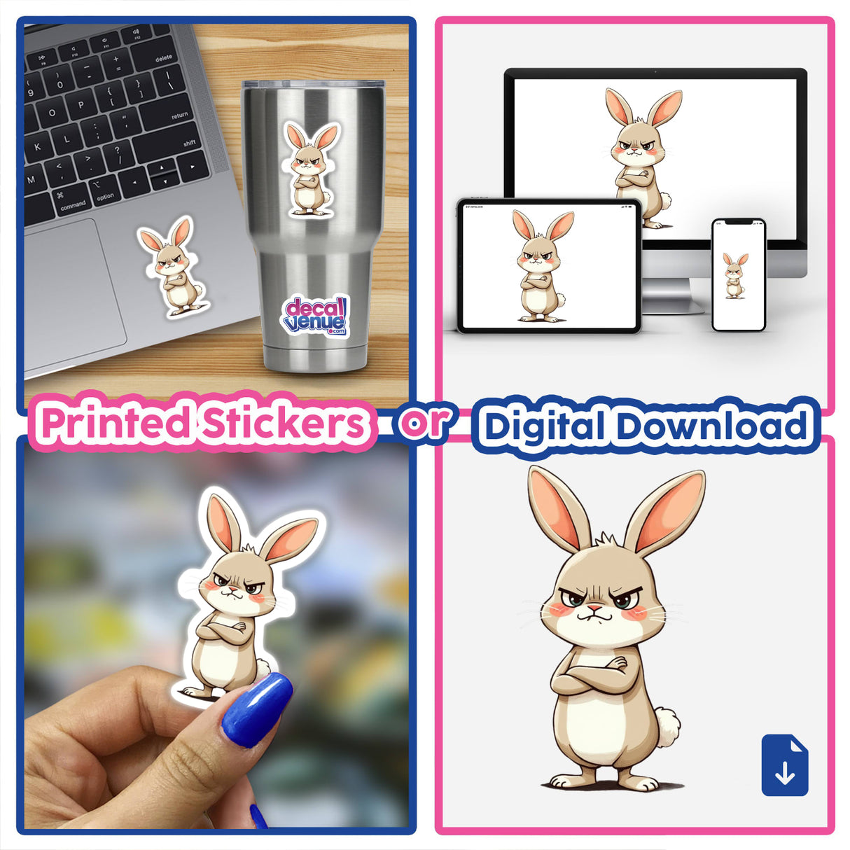 Cute Grumpy Bunny Cartoon with Folded Arms featured in a collage of images, showcasing stickers on a laptop, cup, and digital art on a computer screen.