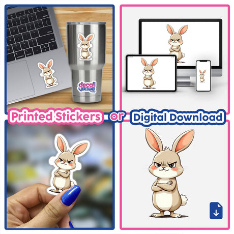 Cute Grumpy Bunny Cartoon with Folded Arms featured in a collage of images, showcasing stickers on a laptop, cup, and digital art on a computer screen.