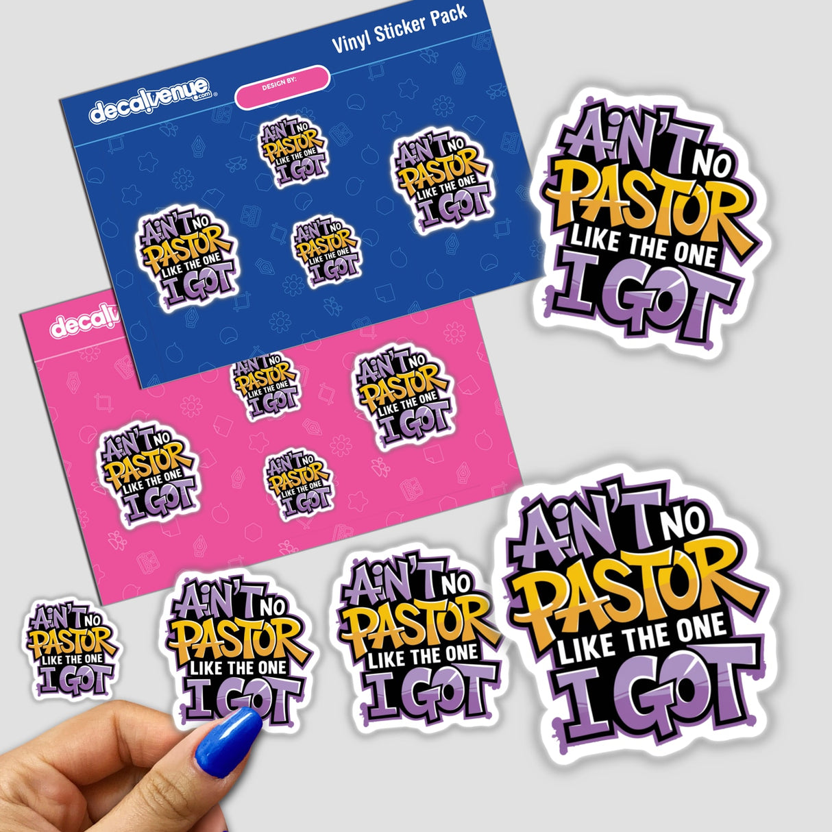 Spiritual phrase stickers featuring various colorful text designs, including close-ups of fingernails with blue nail polish, available as vinyl stickers or digital artwork from Decal Venue.