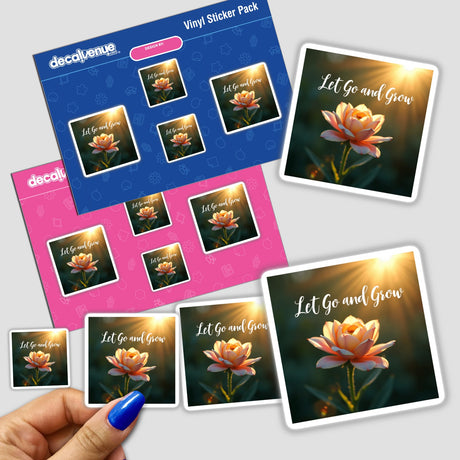 Hand holding Let Go and Grow sticker pack featuring floral designs and personal growth affirmations, available as stickers or digital artwork.