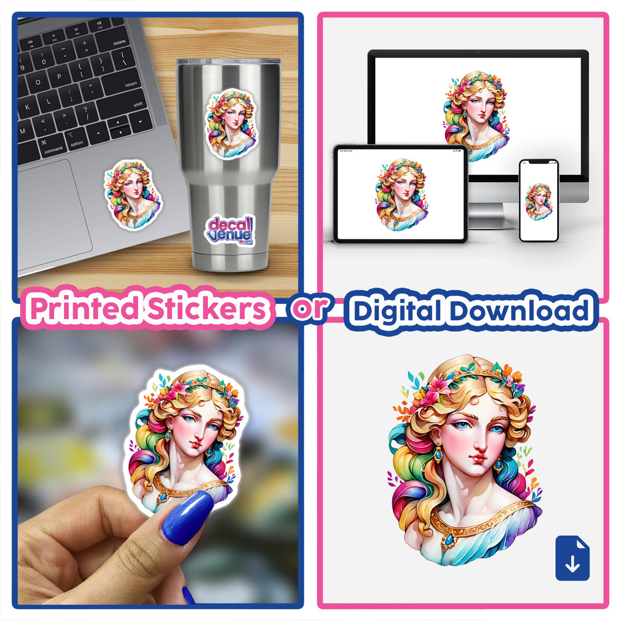 Sticker Design of Marble Statue of Aphrodite: Timeless Greek Art Aesthetic, featuring a collage of a woman with flowers, vibrant hair, and various stickers, including one on a laptop.