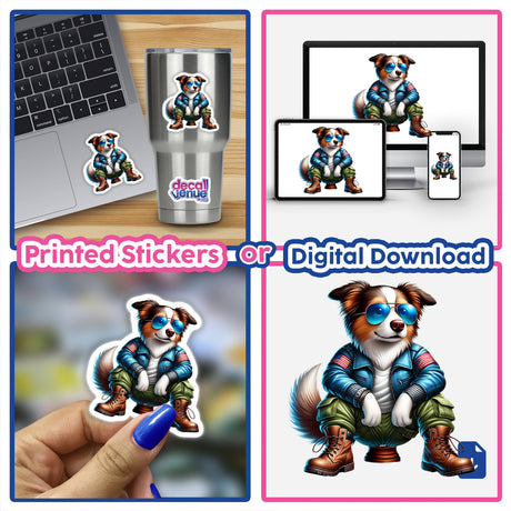 Patriotic Leather Border Collie Dog Aviator Sunglasses - Digital artwork showcasing a stylish Border Collie dog wearing patriotic-themed sunglasses and accessories.