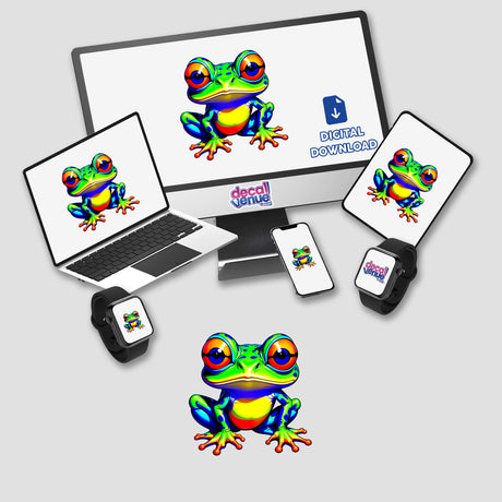 A Colorful Jungle Frog displayed on computer monitor and laptop screens, highlighting its big eyes. Available as stickers or digital artwork from Decal Venue, known for unique designs.