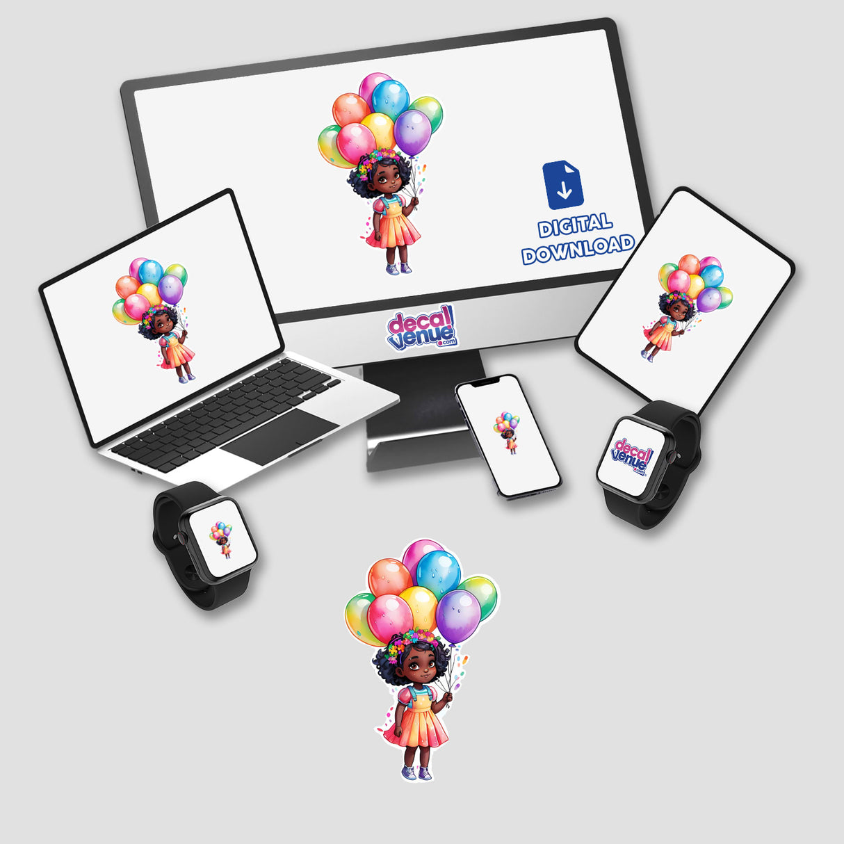 Birthday Bliss: Cute Girl with Bunch of Balloons Sticker displayed on a computer monitor and laptop, featuring a cartoon girl holding colorful balloons. Available as Stickers or Digital Artwork from Decal Venue.