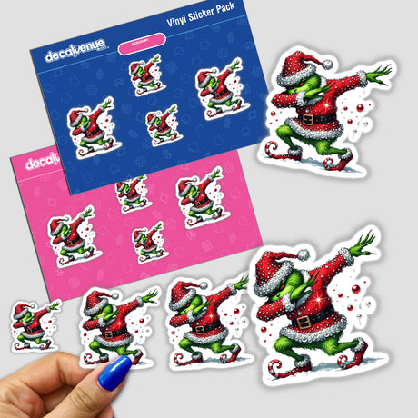 Hand holding a sticker pack featuring the Dabbing Green Grouch in a Santa rhinestone outfit, highlighting unique cartoon character decals from Decal Venue.