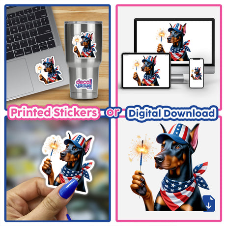 Doberman Pinscher Dog Holding Sparkler 4th of July Patriotic