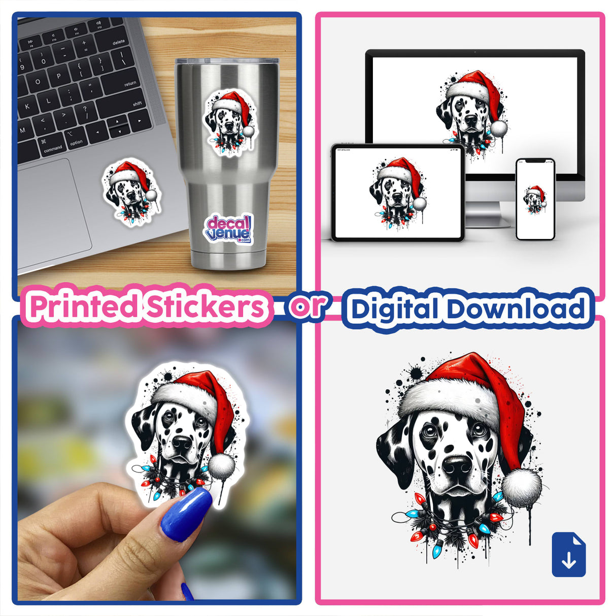 Tangled Lights Dalmatian Dog Santa stickers and digital artwork featuring a Dalmatian in a Santa hat, shown on laptops, cups, and as hand-held stickers.