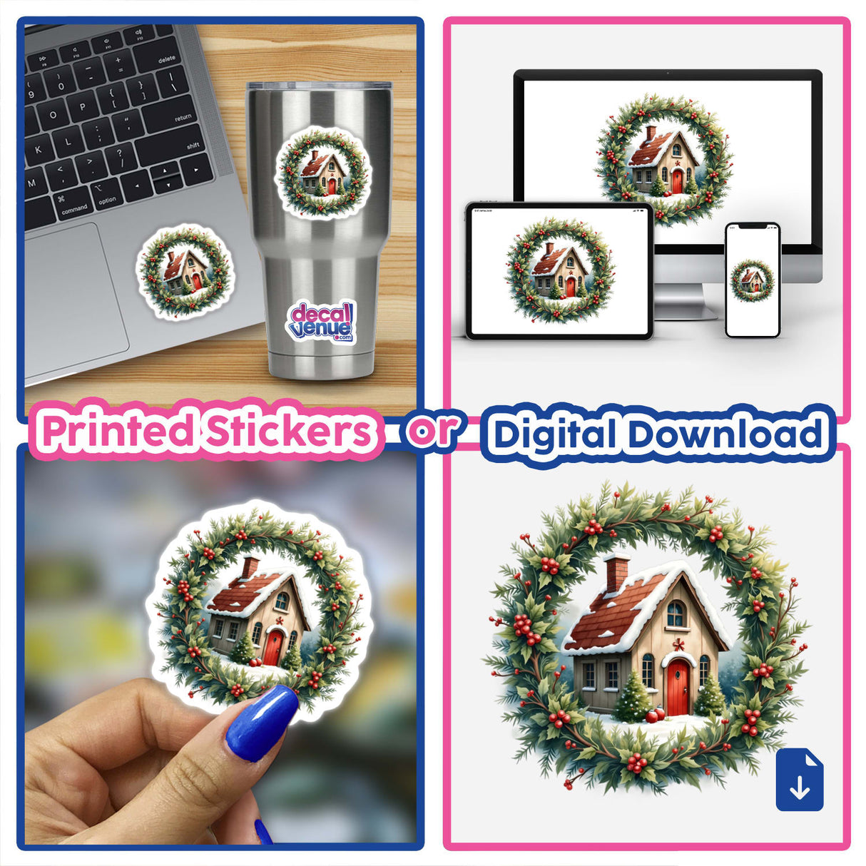 Cozy Cottage in a Christmas Wreath sticker displayed on a laptop, showcasing a house encircled by a festive wreath. Available as stickers or digital artwork from Decal Venue.