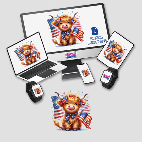 Patriotic Highland Cow American Flag Splatter - Vibrant digital artwork featuring a smiling highland cow with a patriotic American flag design.