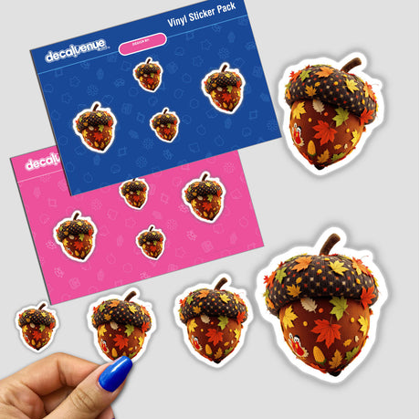 Autumn Acorn Knit Fabric Design stickers featuring acorns and leaves, available as stickers or digital artwork. A close-up showcases intricate knitted textures, reflecting Decal Venue's unique art style.