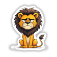 Cartoon lion with a grumpy facial expression, available as stickers or digital artwork. The lion is sitting and looking at the viewer, showcasing its distinctive cartoon features.