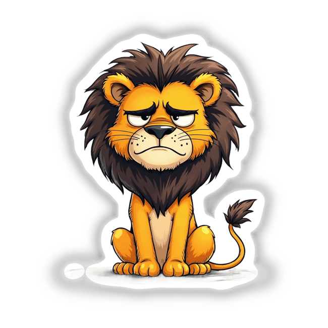 Cartoon lion with a grumpy facial expression, available as stickers or digital artwork. The lion is sitting and looking at the viewer, showcasing its distinctive cartoon features.