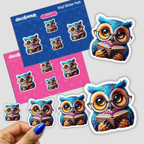 Owl With Reading Glasses Open Book sticker, featuring a cartoon owl engrossed in a book. Part of Decal Venue's collection, available as stickers or digital artwork.