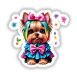 Chic Yorkie: Adorable Dog – A cartoon of a stylish Yorkie with a bow, available as unique stickers or digital artwork from Decal Venue.