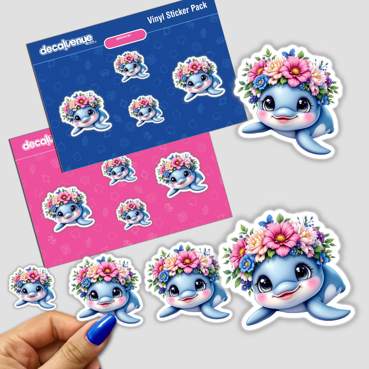 Happy Dolphin with a Flower Crown sticker pack, featuring whimsical cartoon animals adorned with floral crowns, ideal for adding charm to your collection.