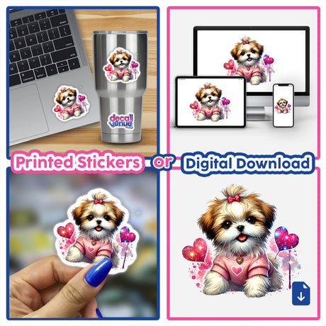 Glitter Hearts Shih Tzu Dog sticker featuring a cartoon Shih Tzu in a pink shirt. Available as a sticker or digital artwork, embodying Decal Venue's unique art style.