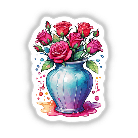 Crimson Roses: Floral Splash Vase Sticker featuring a detailed illustration of a vase filled with vibrant roses, capturing the essence of floral elegance and artistic design.