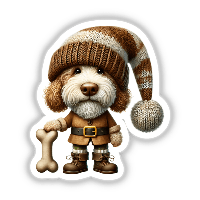 Cute Labradoodle gnome with knitted hat and dog bone, digital artwork from DecalVenue