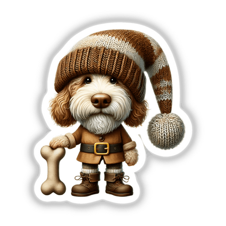 Cute Labradoodle gnome with knitted hat and dog bone, digital artwork from DecalVenue