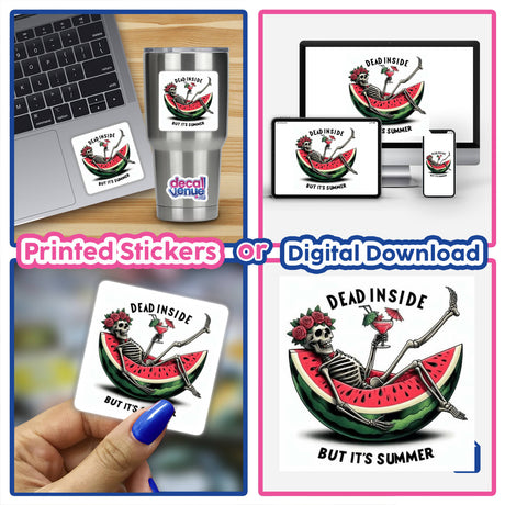 Collage of Sarcastic Quotes Series 10 stickers featuring skeletons in watermelons, stickers on a laptop and cup, and close-ups of nail art. Available as stickers or digital artwork.