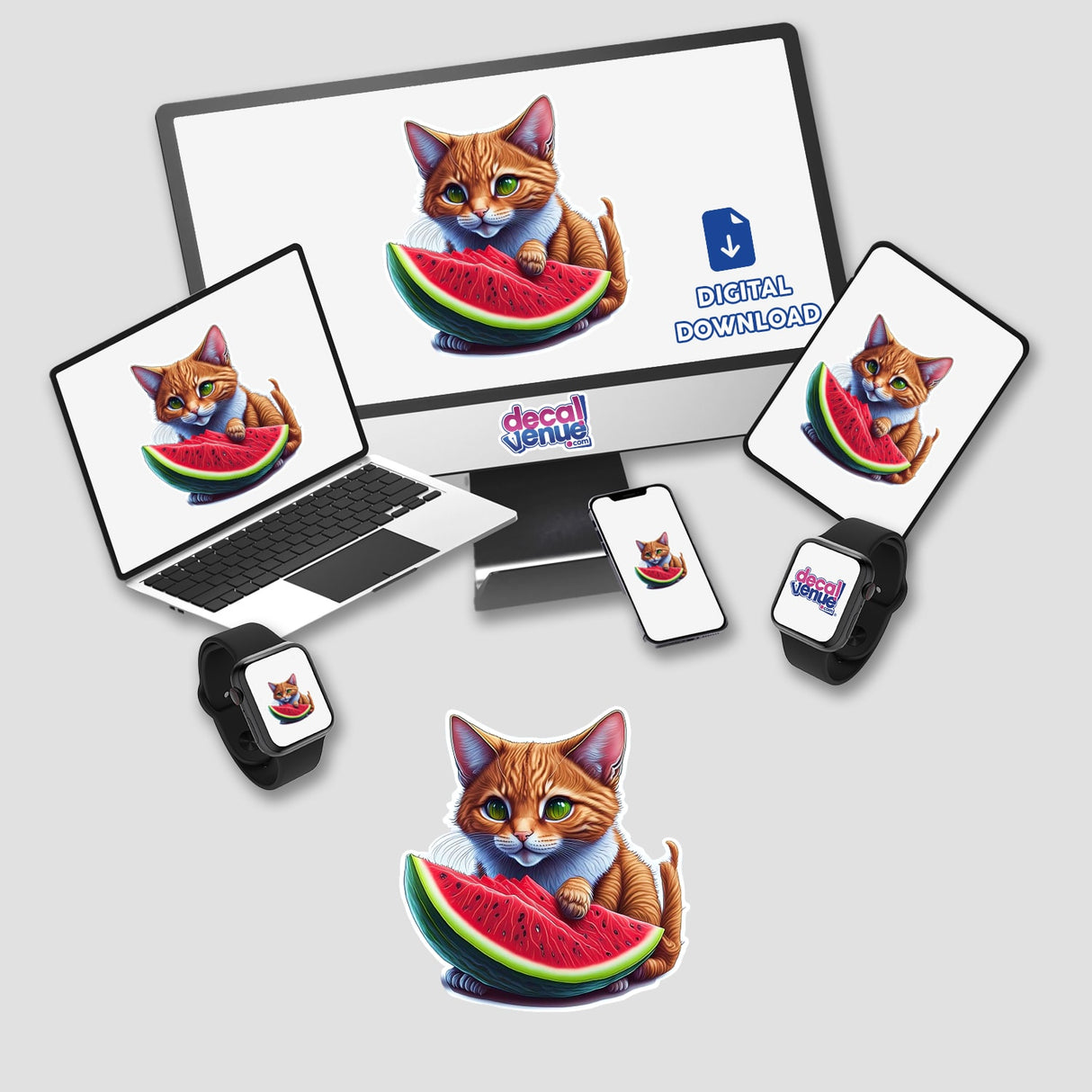 Colorful digital artwork of an orange tabby cat eating a slice of watermelon, featured across various digital devices including a laptop, phone, and smartwatch from the Decal Venue store.