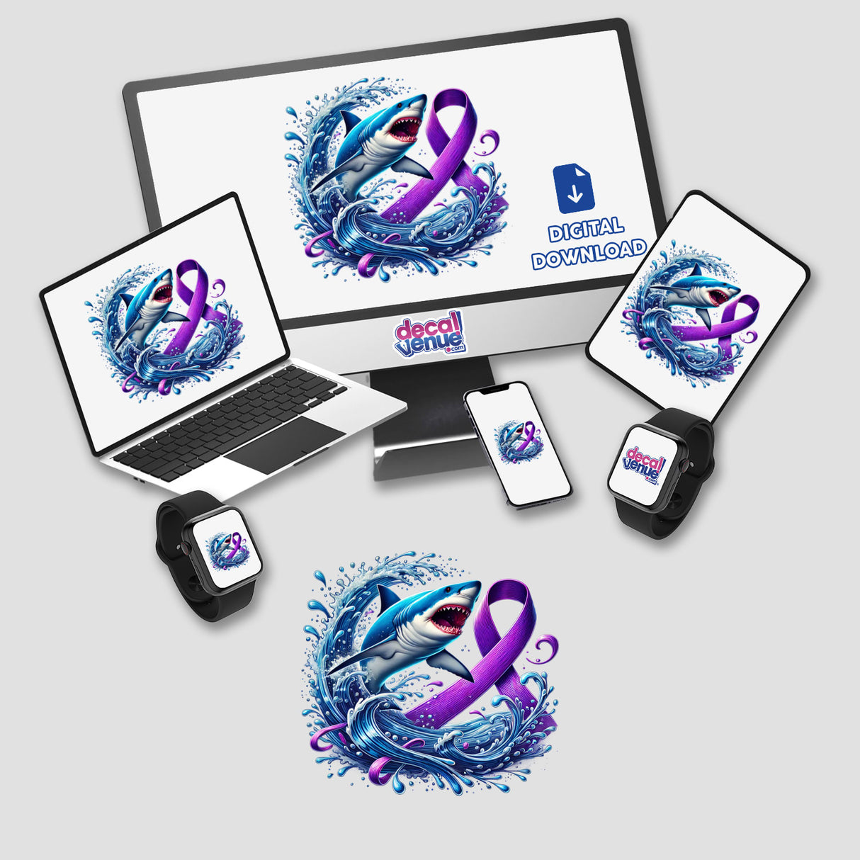 Shark Purple Awareness Ribbon design featuring a shark and a purple ribbon depicted on a computer monitor and laptop, available as stickers or digital artwork. Ideal for Decal Venue's unique vinyl sticker collection.