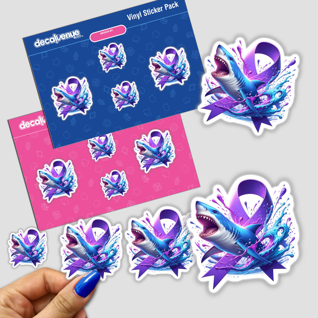 Shark Purple Awareness Ribbon sticker pack featuring cartoon sharks with purple ribbons, embodying Decal Venue's unique vinyl sticker design. Available as stickers or digital artwork.