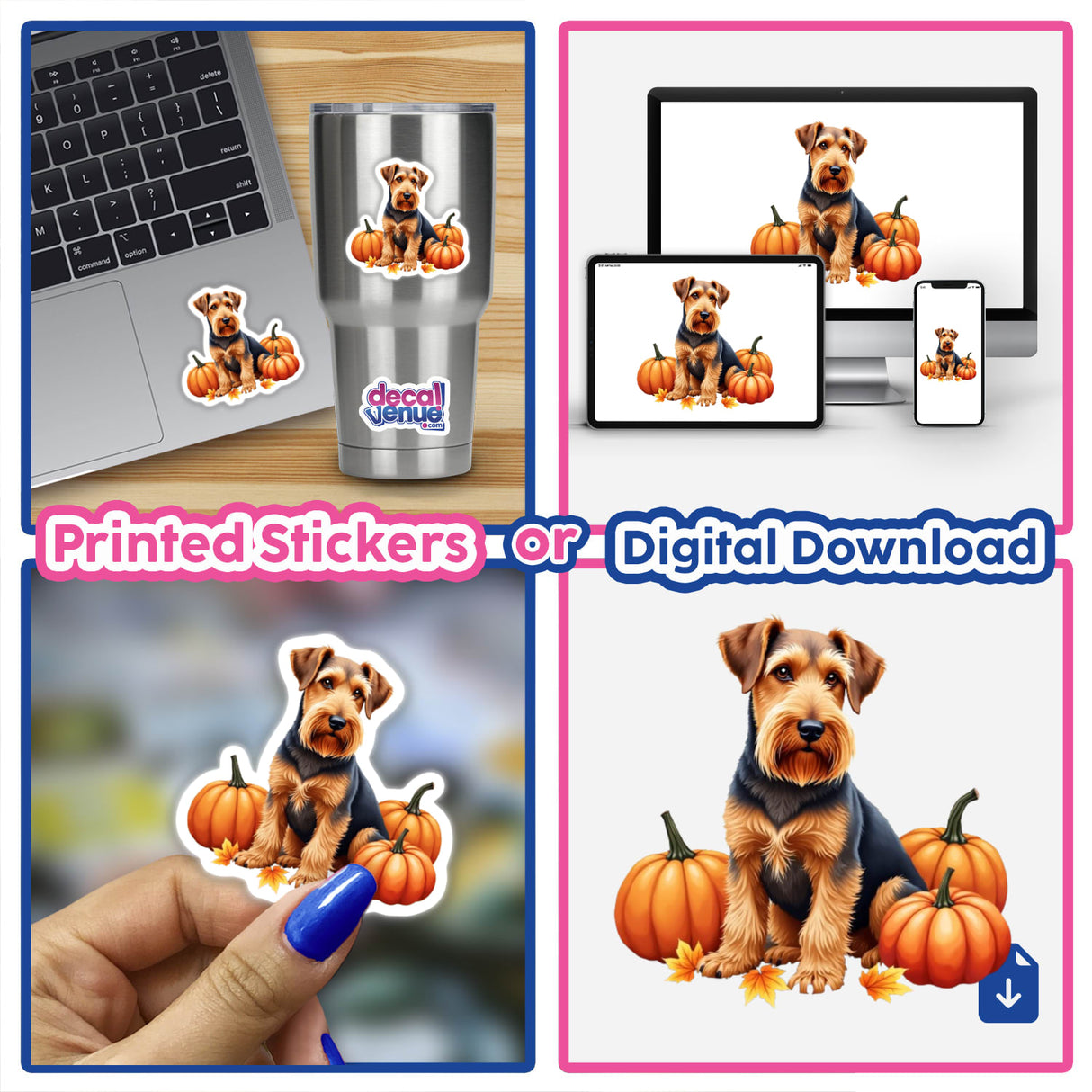 A collage featuring Airedale Terrier Clipart | Fall Aesthetic Dog Clipart | Stickers and Download with Commercial Rights, showcasing a dog amidst pumpkins and a laptop, available as stickers or digital artwork.