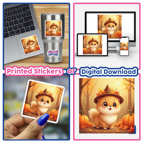 Thanksgiving Pomeranian Sticker & Clipart featuring a cartoon dog with a leaf-adorned hat, perfect for laptops or personal projects. Available as stickers or digital artwork at Decal Venue.