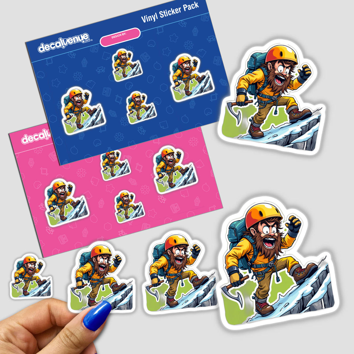 Alpinista Barbudo sticker featuring a cartoon man climbing a mountain with a beard and backpack, perfect for adding character to your collection from Decal Venue.