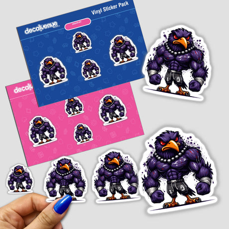 Muscular Purple Flocked Raven Football Bird sticker featuring cartoon birds, ideal for unique decoration. Available as stickers or digital artwork from Decal Venue.