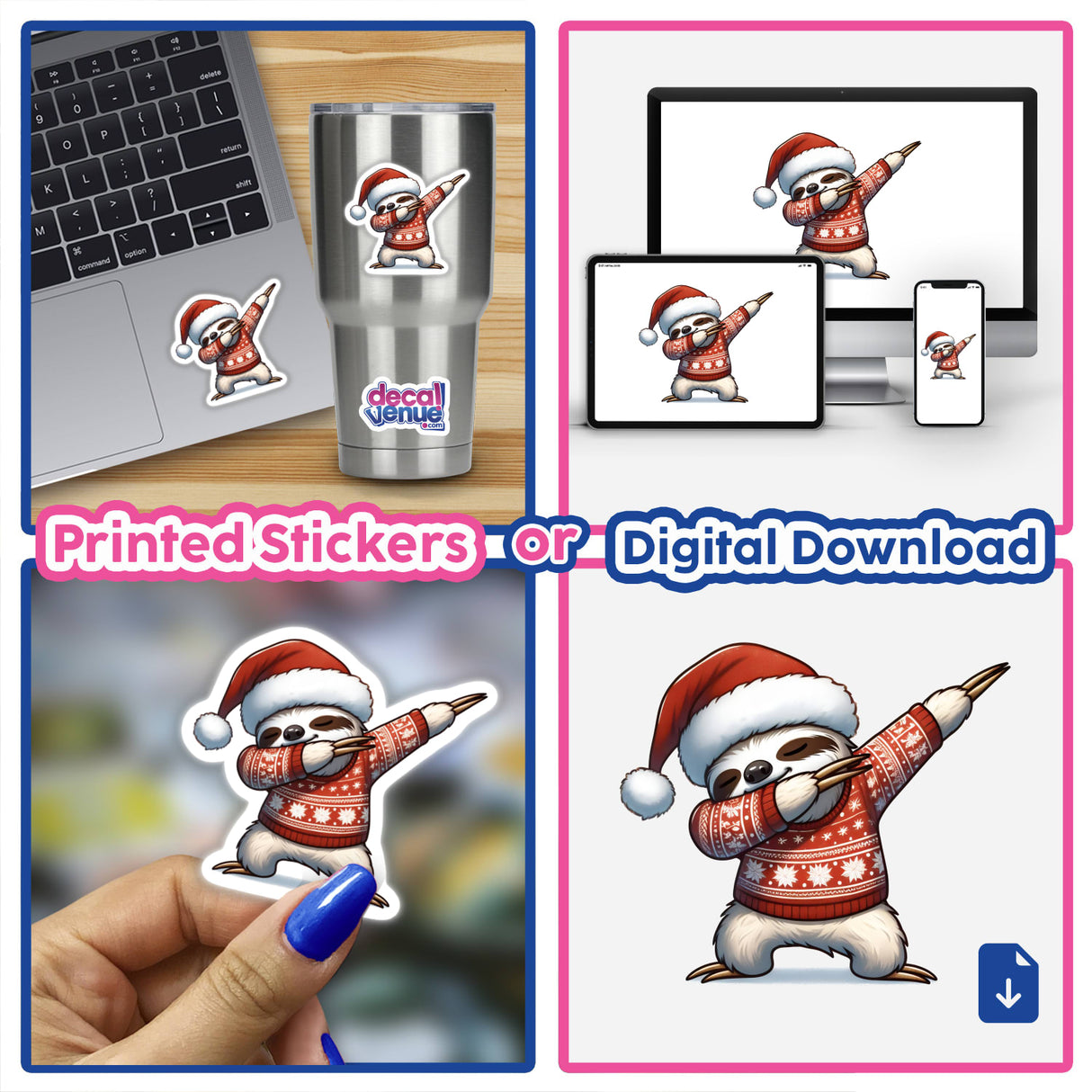 Dabbing Christmas Ugly Sweater Sloth: collage featuring stickers and digital artwork of a sloth in a Santa hat and red sweater dabbing, ideal for laptops, tumblers, and more.