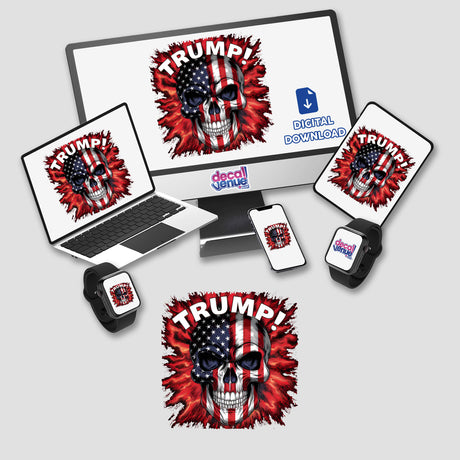 Digital artwork featuring an American flag-themed skull design on various electronic devices and products of Decal Venue, an online store offering unique stickers and digital art.